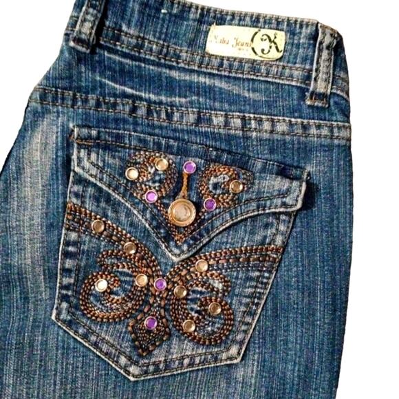 Y2K Kaba Jeans Jeweled Jrs Sz 11 28W x 40L Straight Leg Bling Bohemian Party WOW - Picture 7 of 16